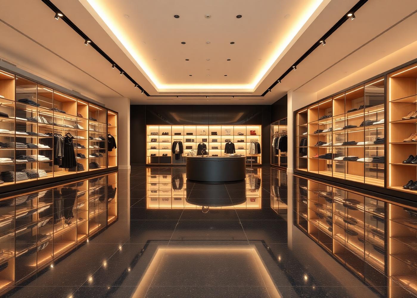 Retail interior with glossy dark resin floor
